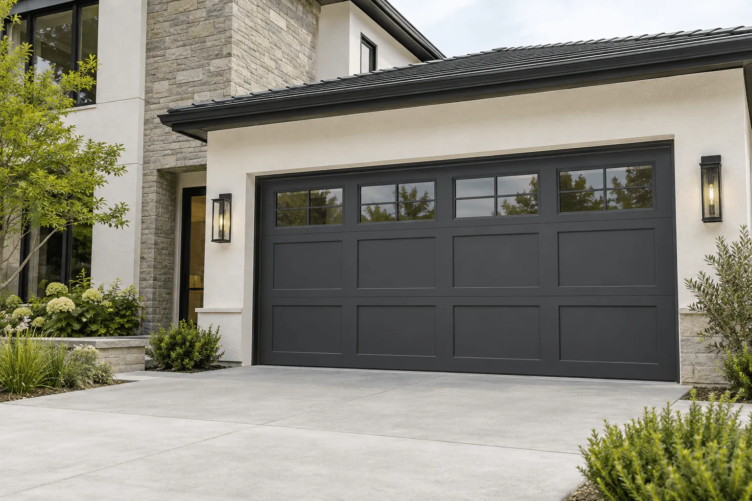 A charcoal shaker-panel garage door with a row of windows