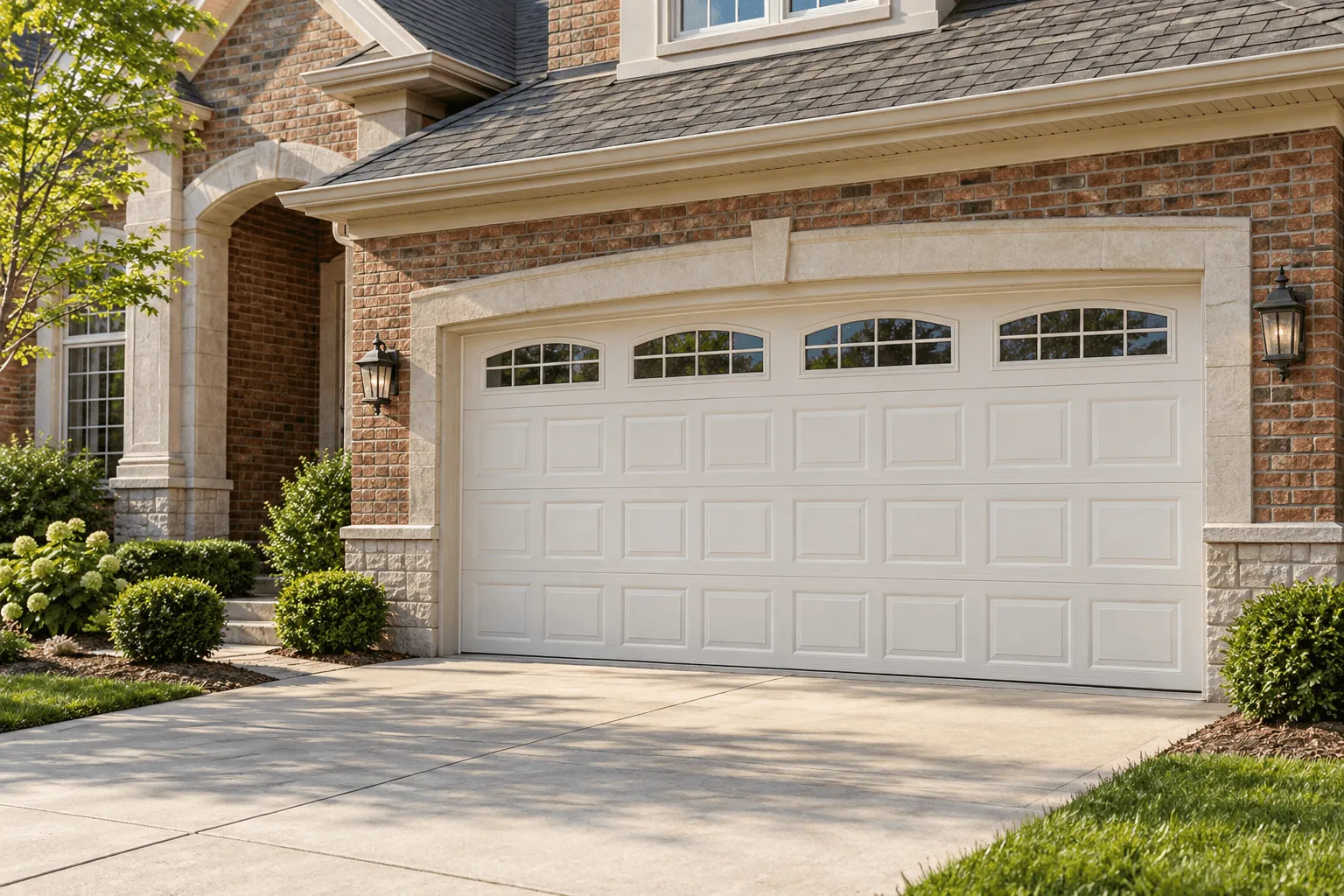 A white short-panel garage door with a row of windows