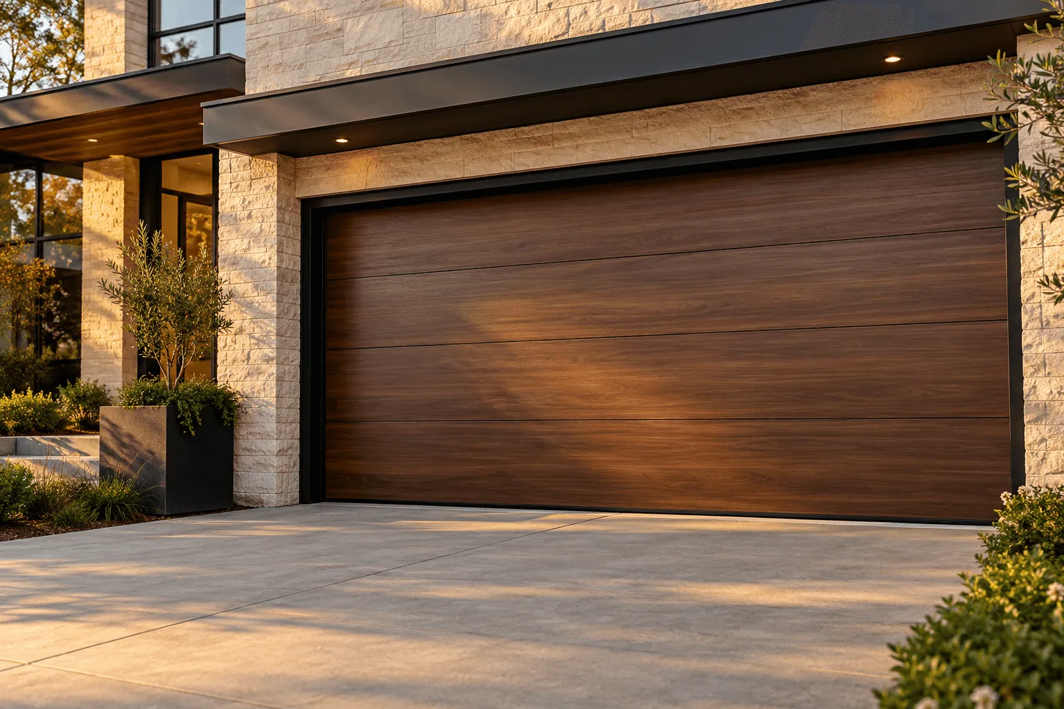 A warm wood-overlay garage door on a stone and stucco home