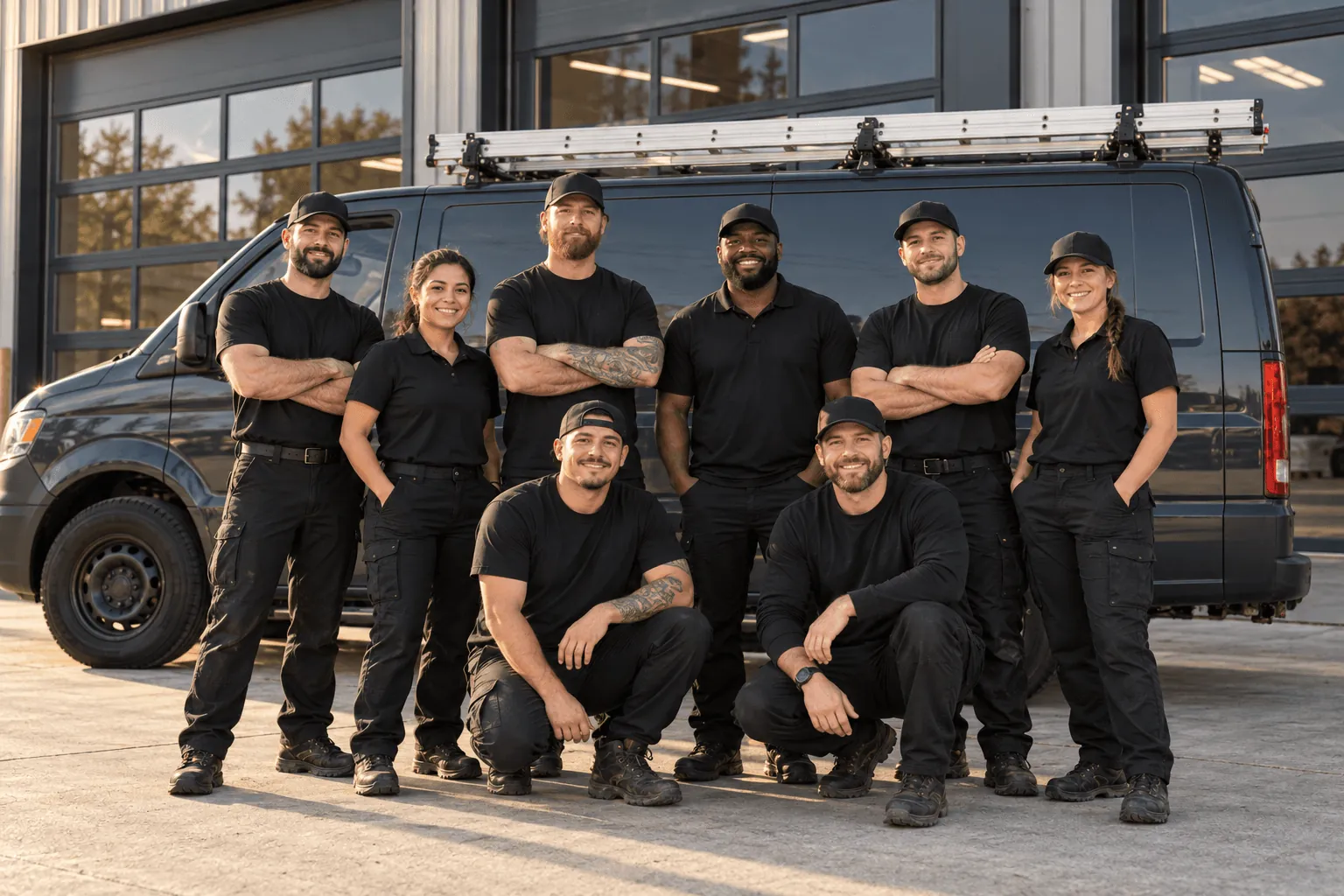 The garage door team in black uniforms in front of their service van