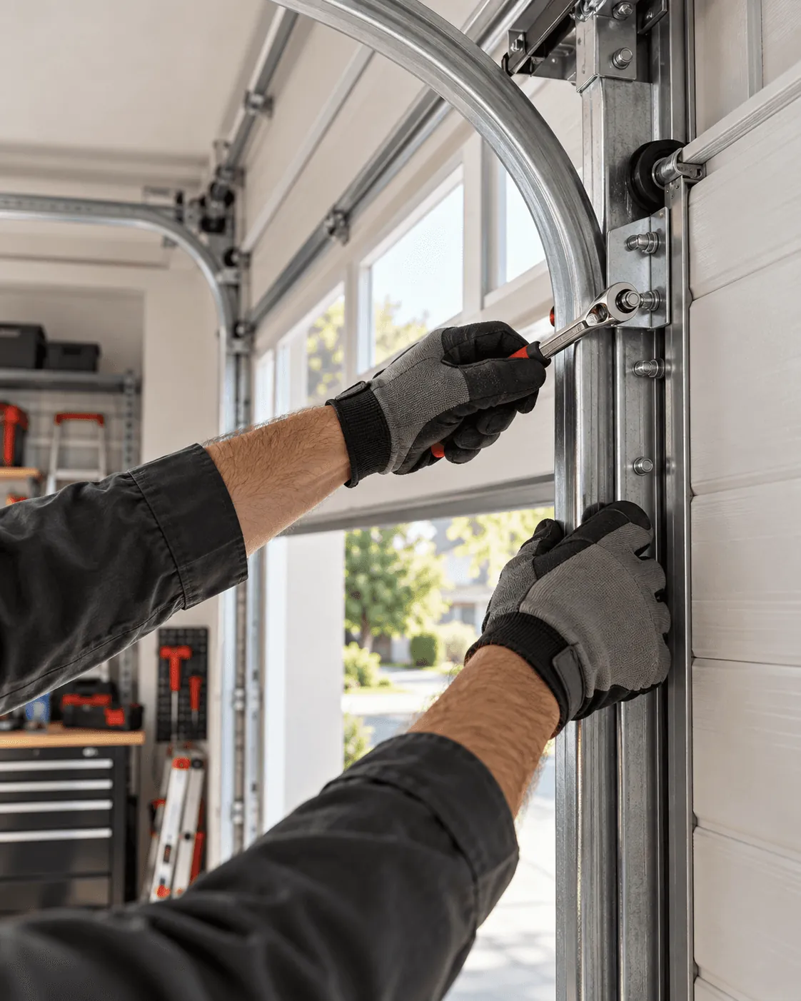 A technician in gloves adjusting garage door track hardware with a wrench