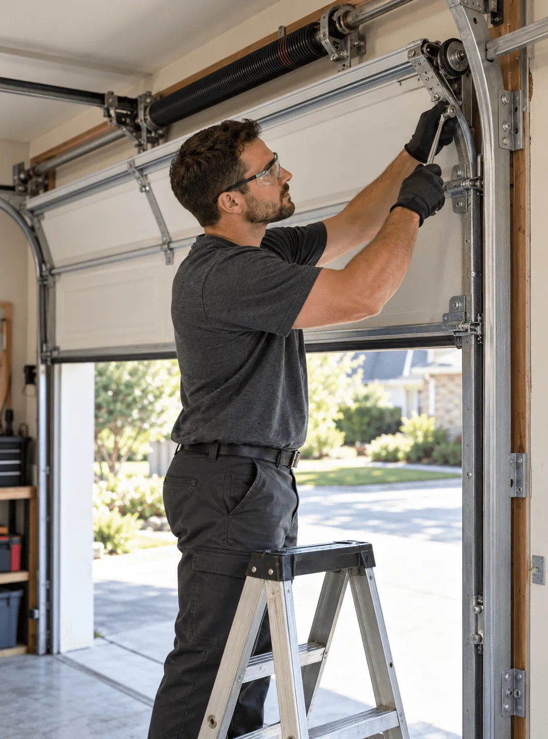 A technician on a step ladder working on the spring above a garage door