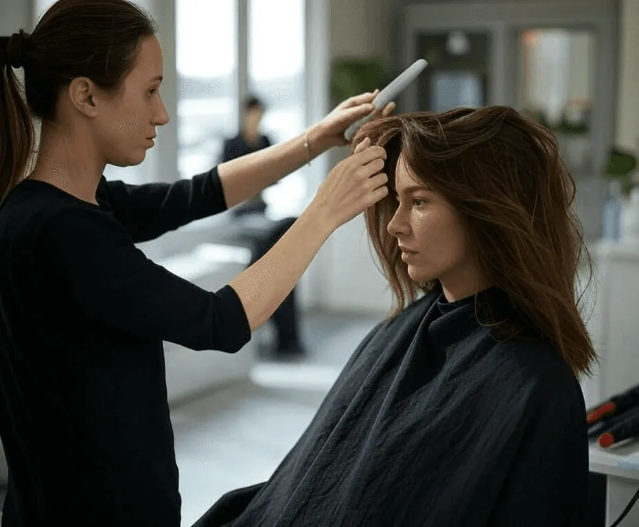 A stylist straightening a client’s long brown hair