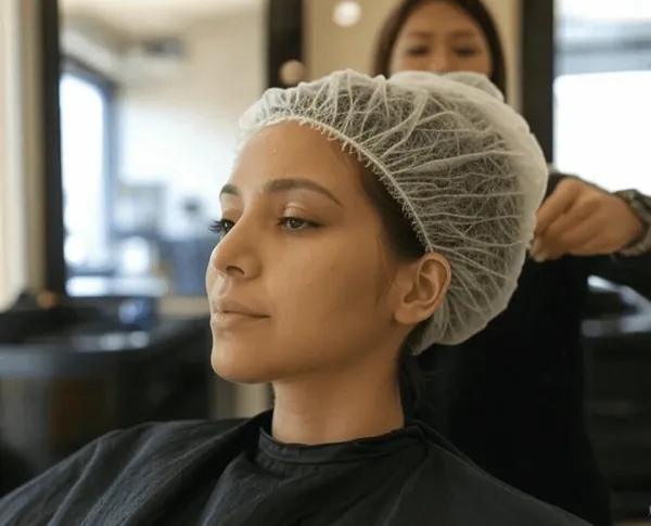 A client in a shower cap during a treatment