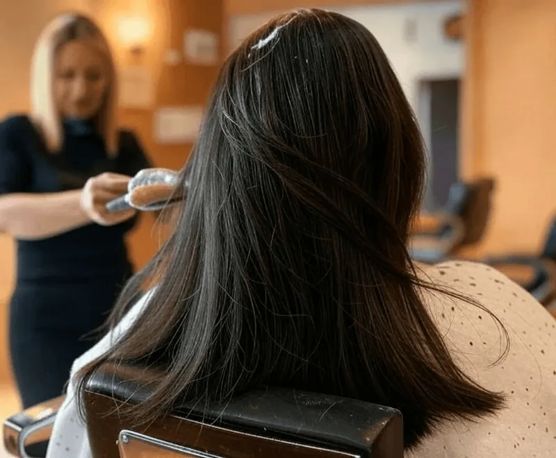 A stylist applying a hair mask