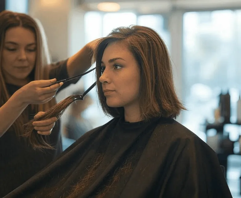 A stylist trimming a client’s hair