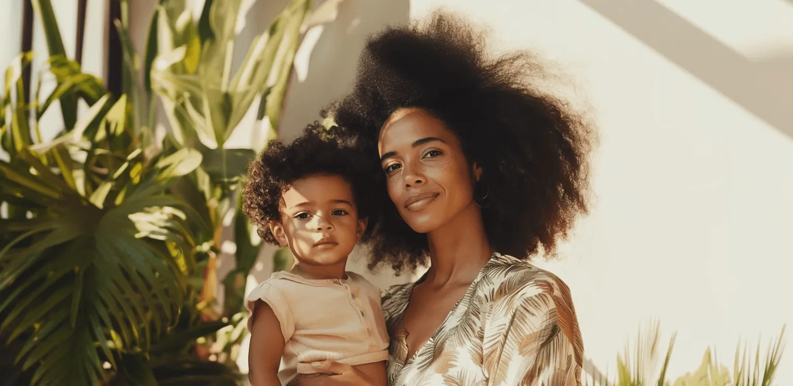 A mother holding her child among plants