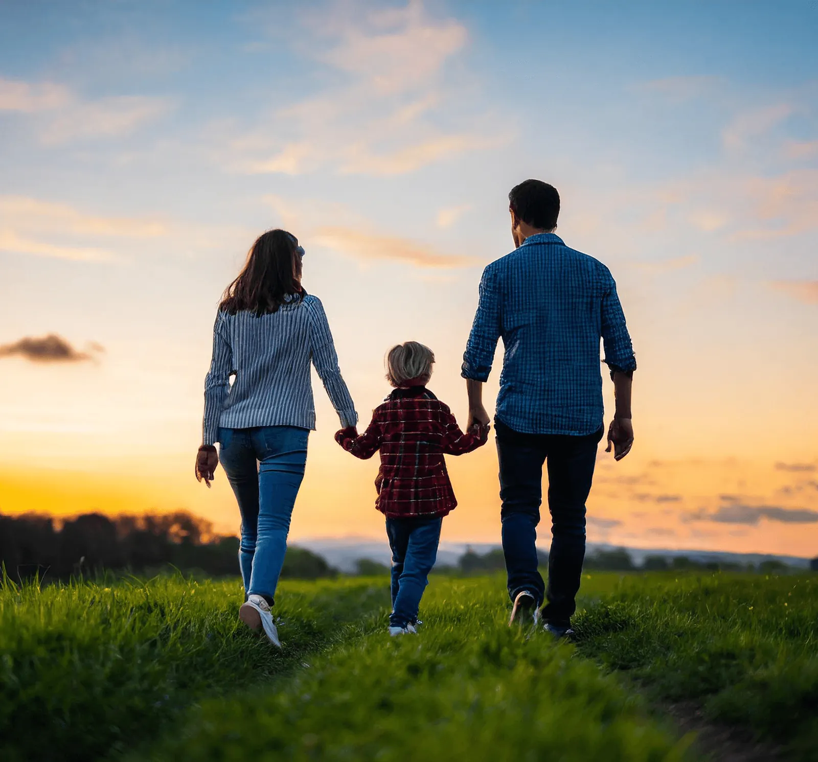 A family walking hand in hand at sunset
