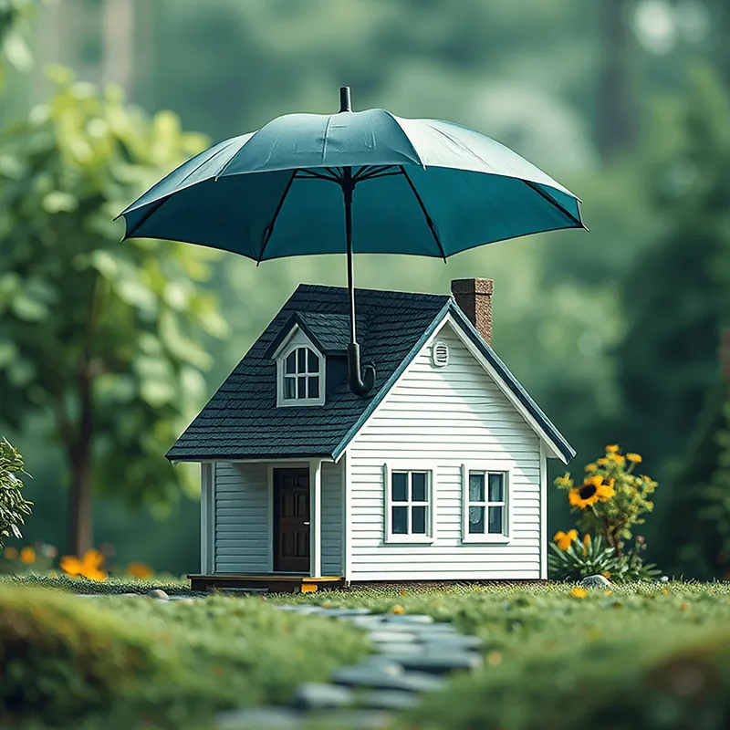 A model house under a green umbrella