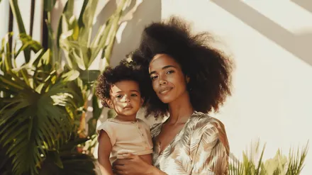 A mother and her baby among plants