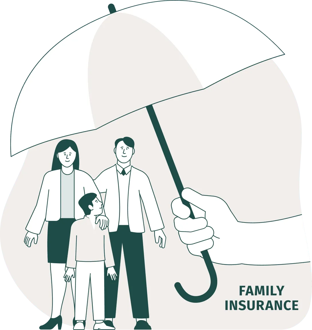 An illustrated family sheltered by a large umbrella