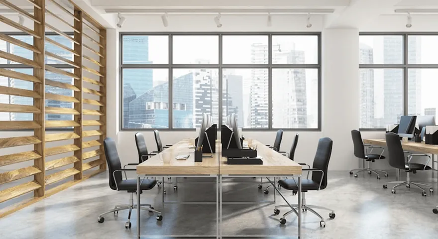 A meeting room with a long table