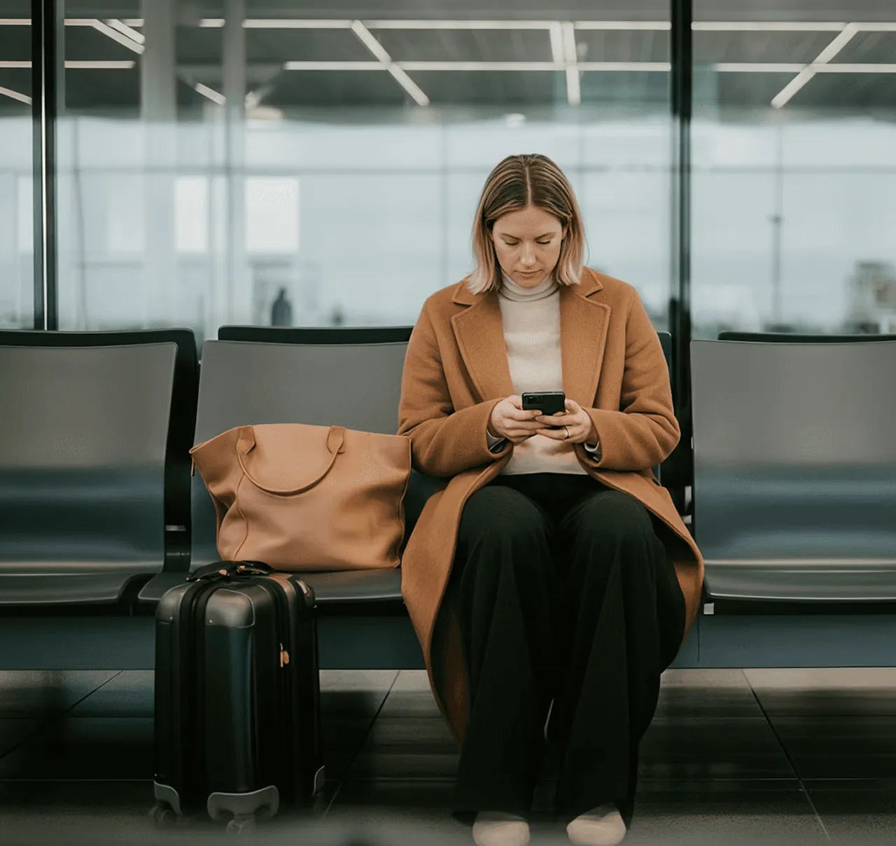 A woman checking her phone in an airport lounge