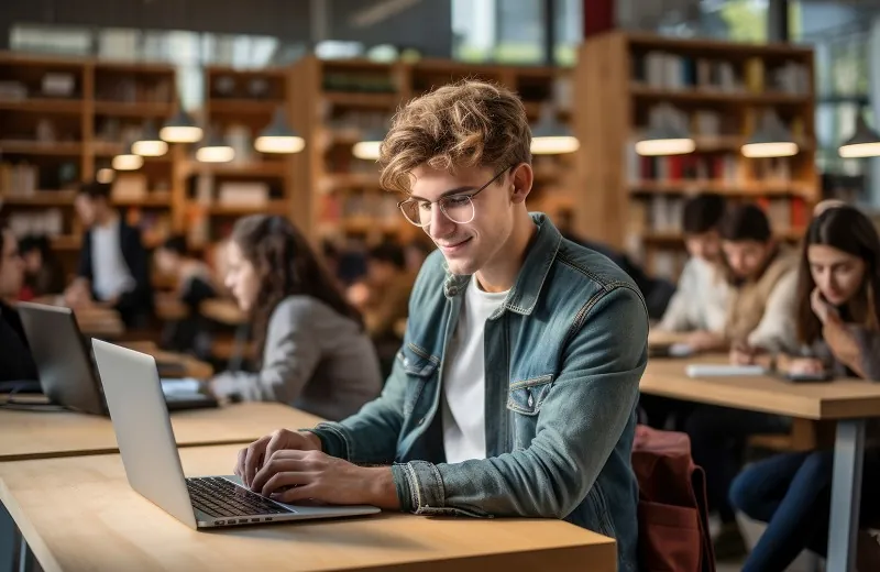 A student working on a laptop in a library