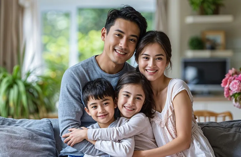 A family of four smiling on a sofa