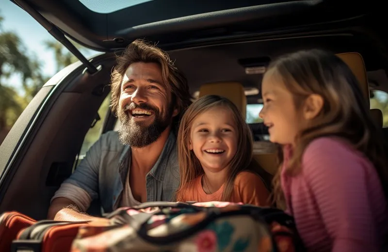A family laughing in the boot of a car