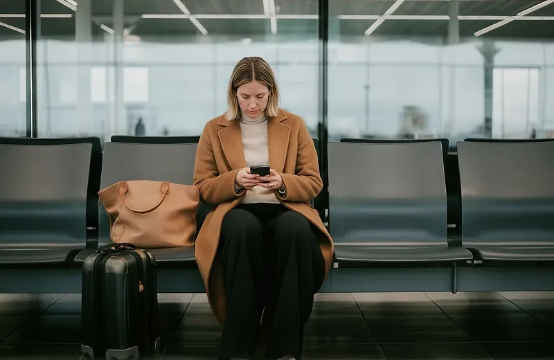 A woman waiting in an airport lounge