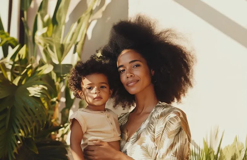 A mother holding her toddler among plants