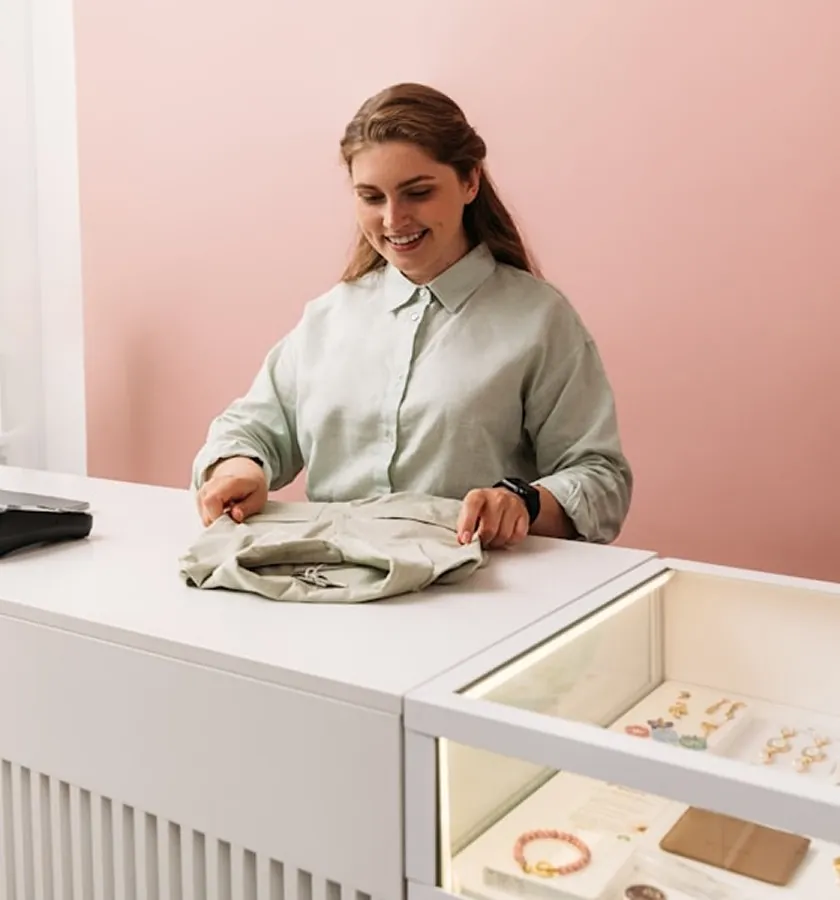 A shop assistant folding a shirt at the counter