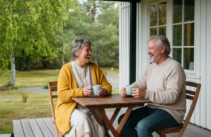 An elderly couple having tea on a porch