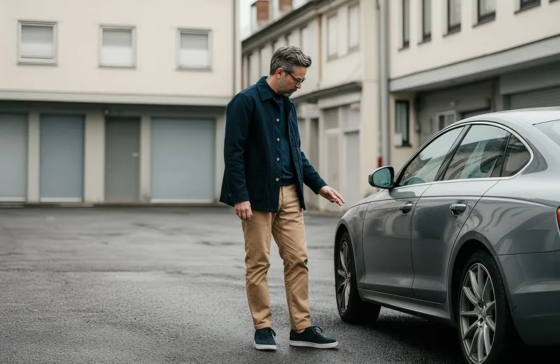 A man checking his parked car