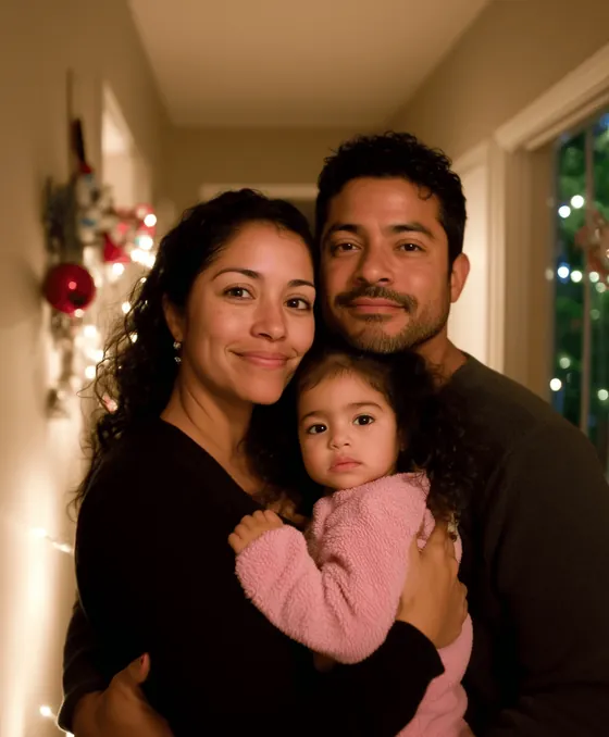 A family hugging by a Christmas tree