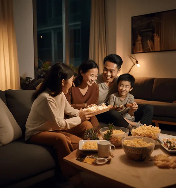 A family sharing snacks on the sofa