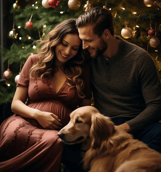A couple with their dog by a Christmas tree