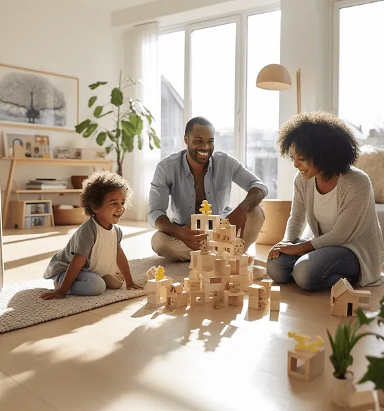 A family playing with wooden blocks
