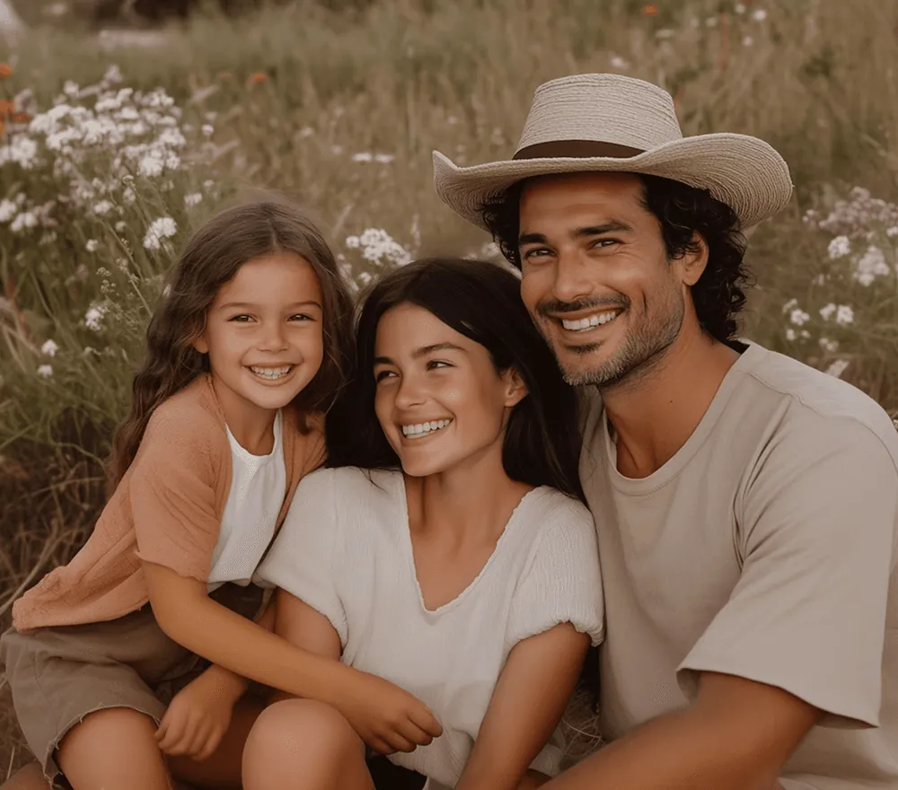 A smiling family in a field of flowers