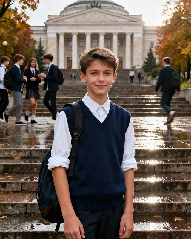 A schoolboy in front of a university building