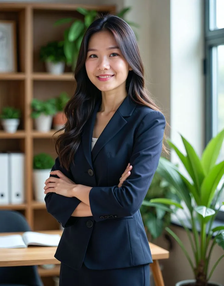 A smiling consultant with folded arms in a bright office