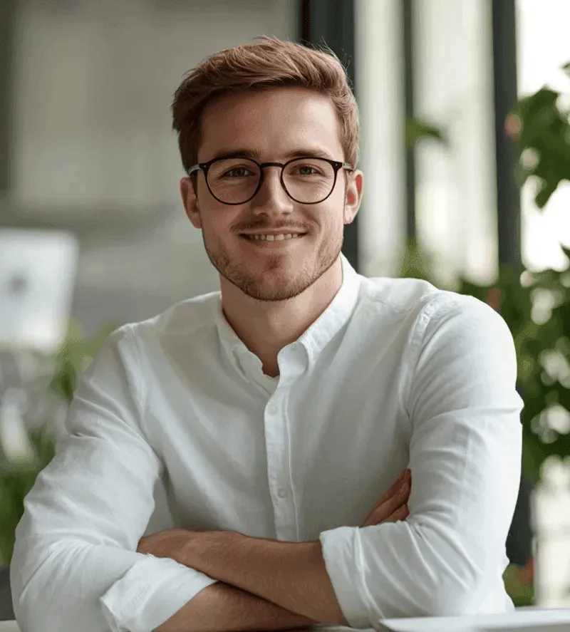 A smiling consultant in glasses with folded arms