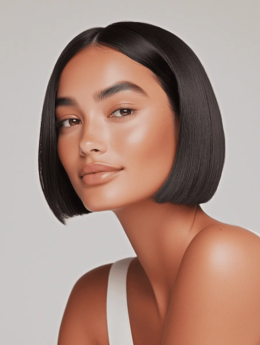 A woman with a sleek black bob