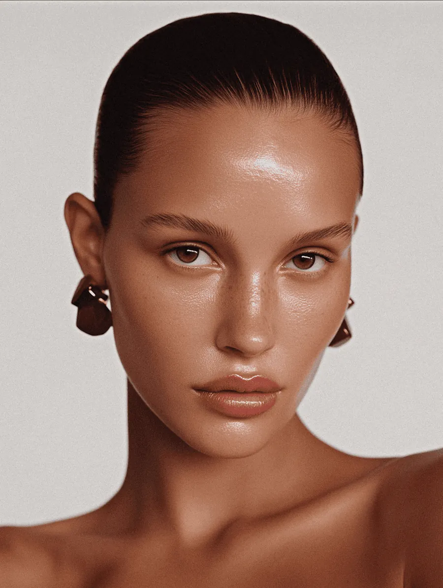 A woman with slicked-back hair and gold earrings