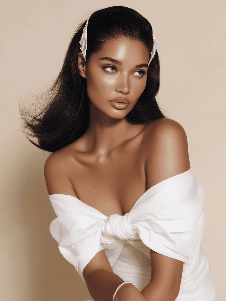 A woman in a white off-shoulder top with sleek hair