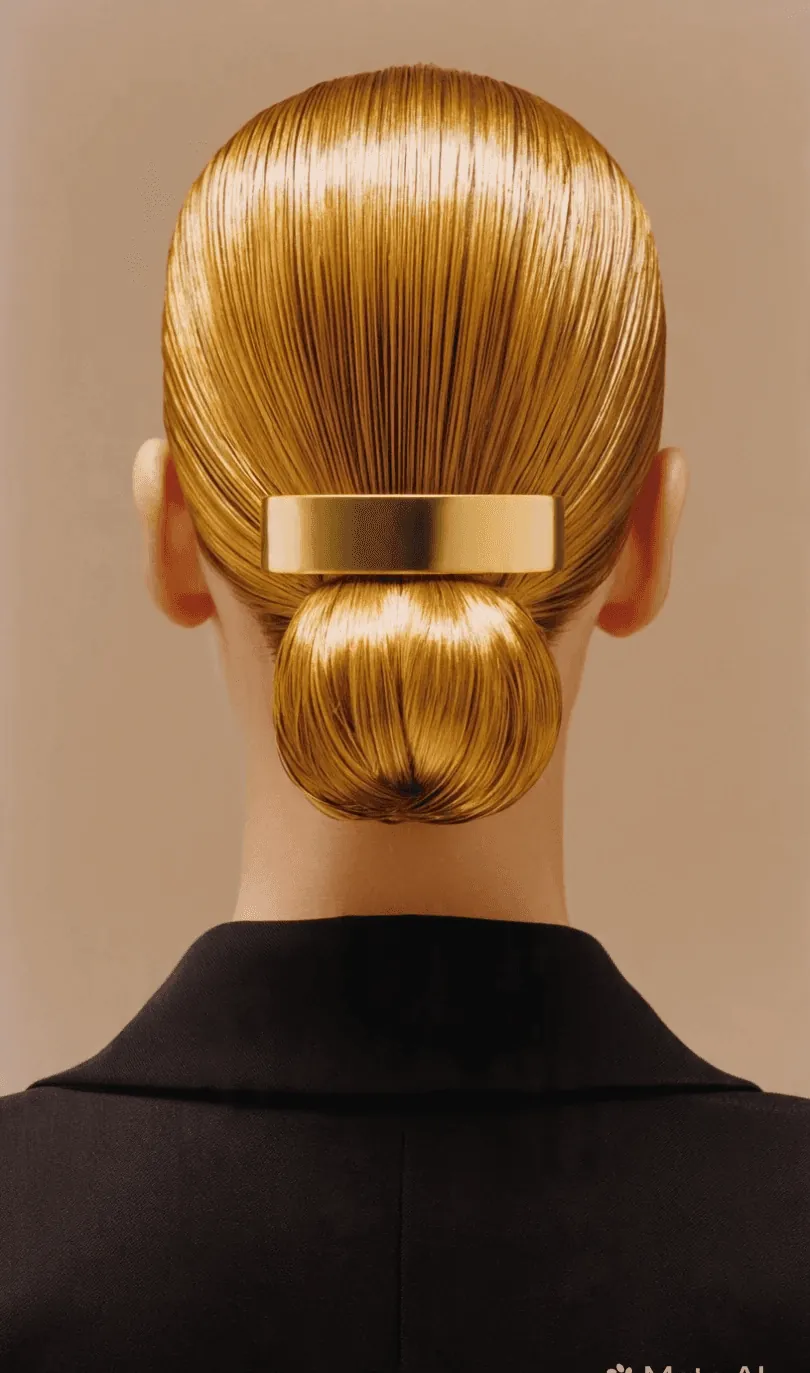 A polished blonde bun held by a gold clip