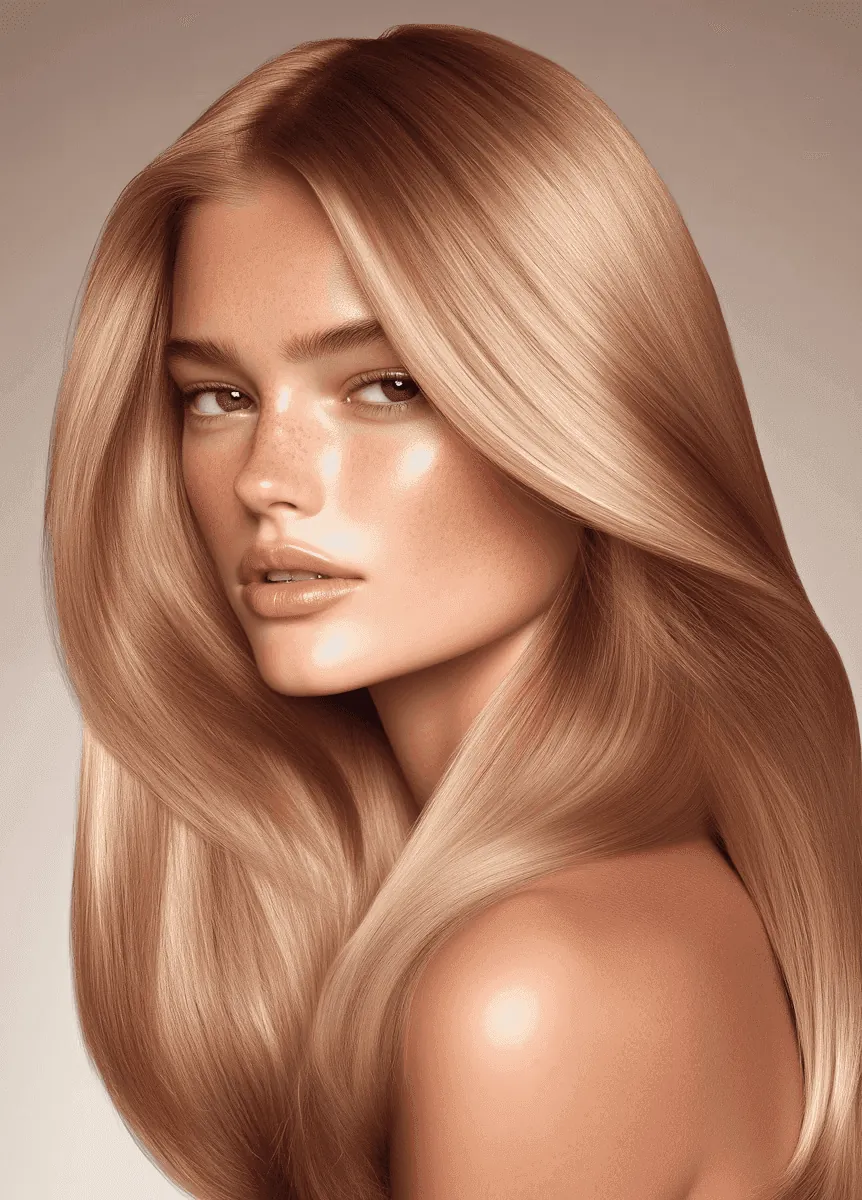 A woman with long glossy blonde hair