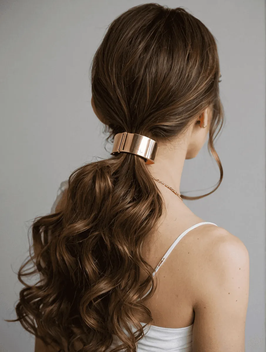 A curled ponytail held by a gold cuff