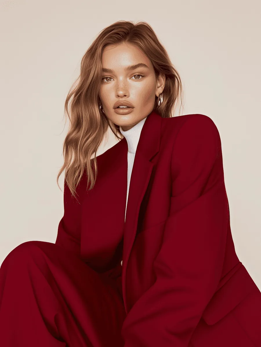 A woman in a red suit with long wavy hair