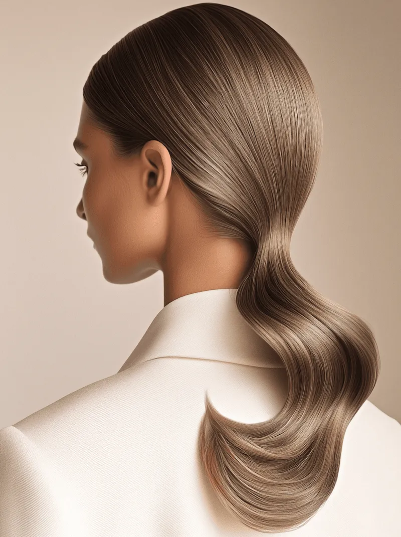 A long glossy ponytail with a soft wave