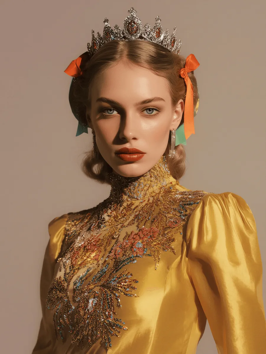 A bride in a golden embroidered dress with a tiara