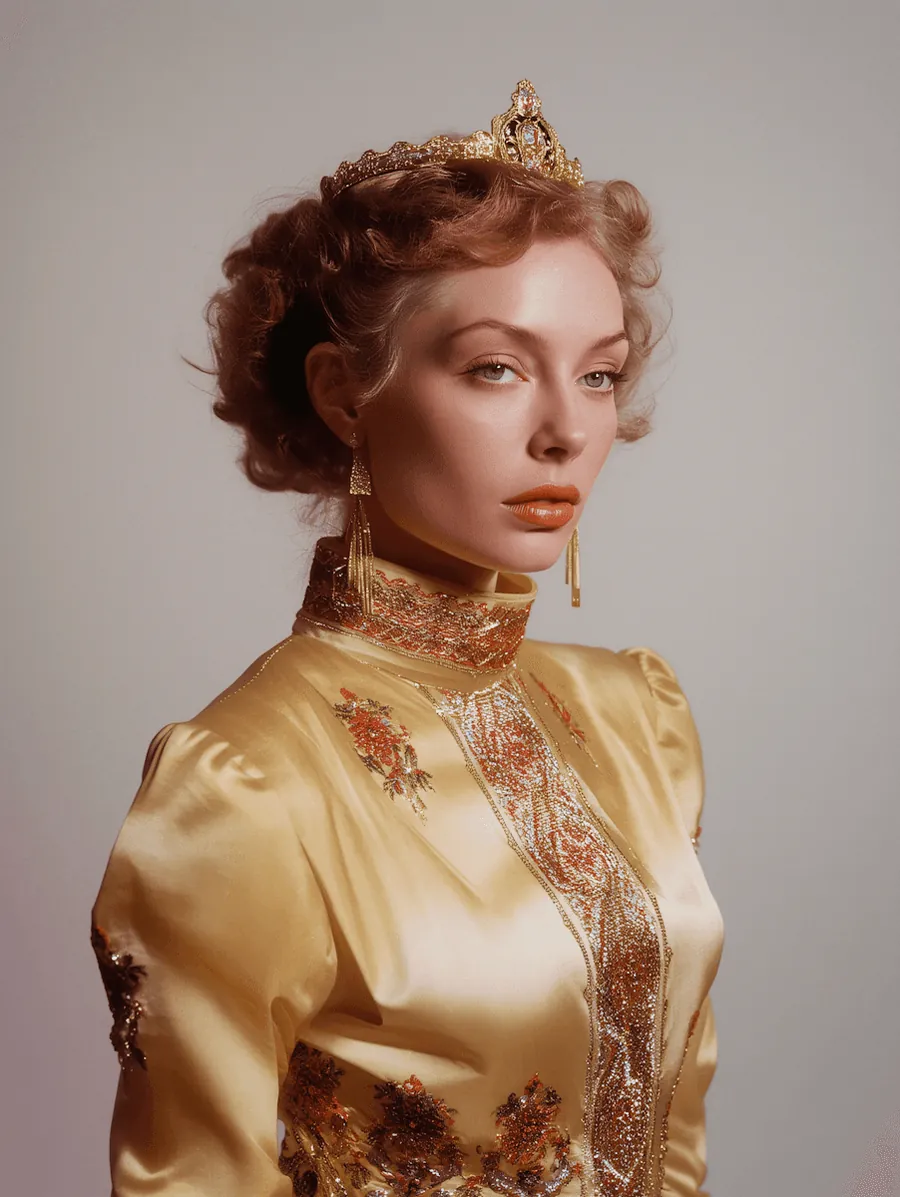 A bride in gold brocade with her hair pinned up