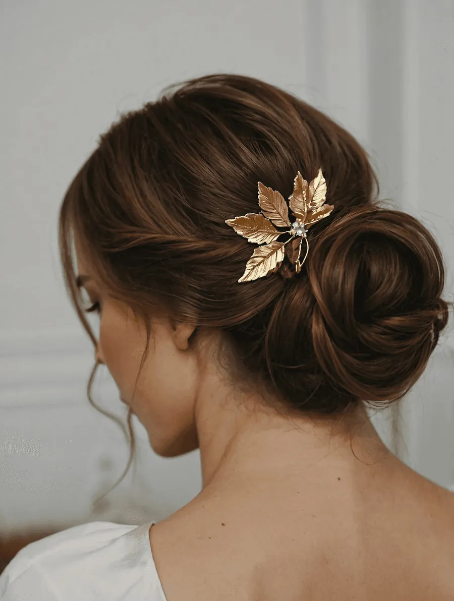 A low chignon decorated with a gold leaf