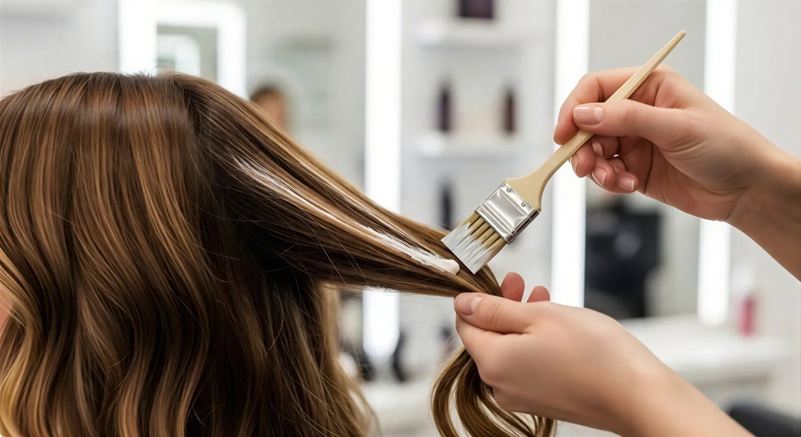 A colourist painting balayage onto a section of hair