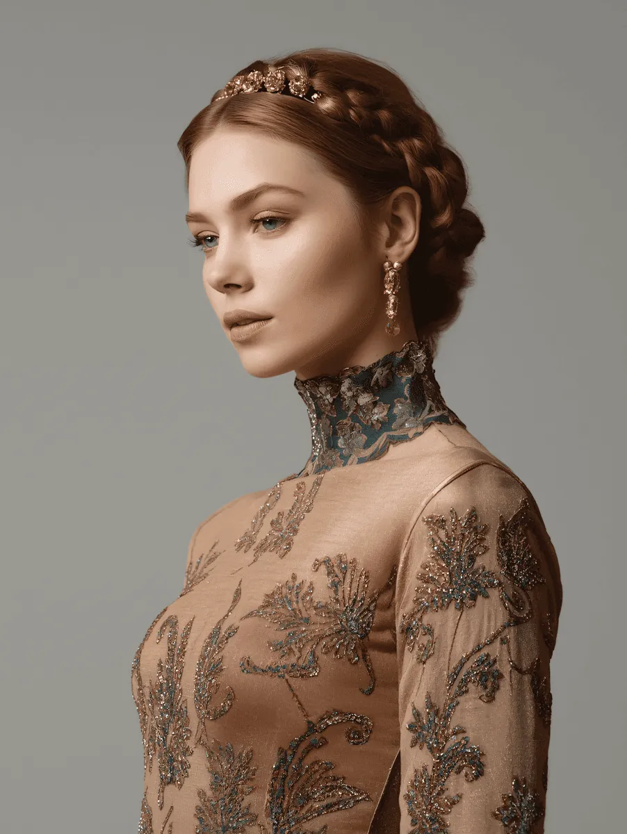 A bride with a braided updo and a lace top