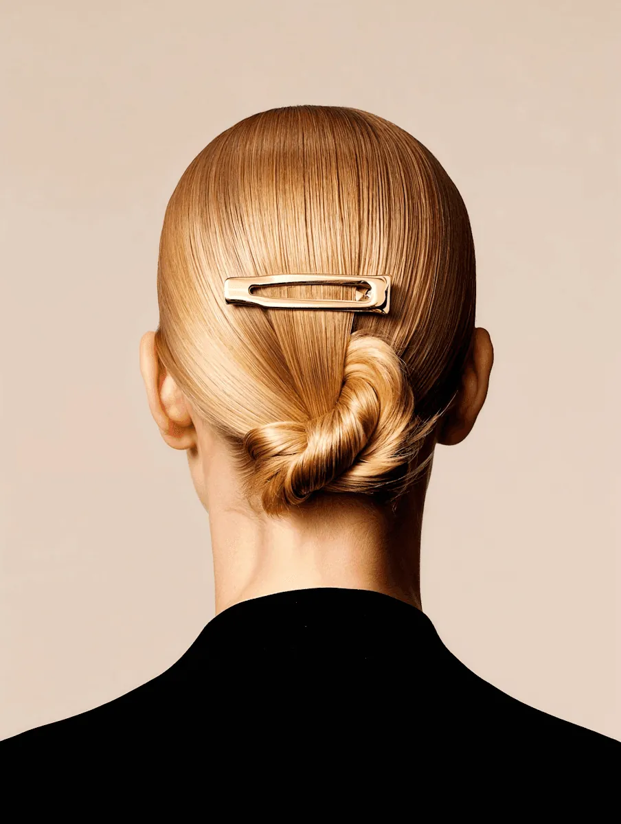 A sleek low bun with a gold hair clip