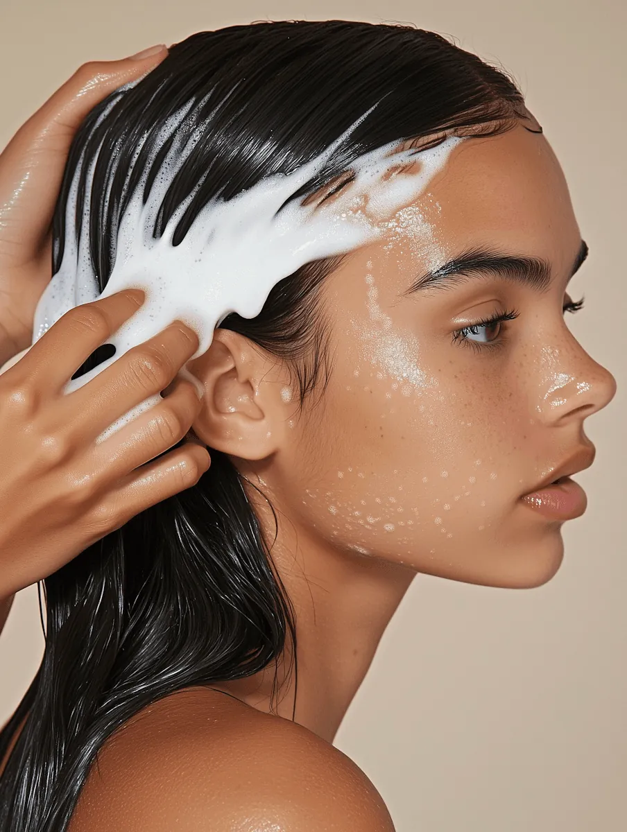A smoothing treatment being combed through dark hair