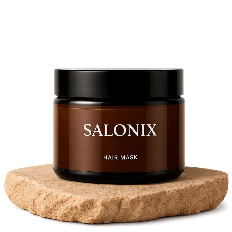 A jar of Velisse hair mask on a stone plinth