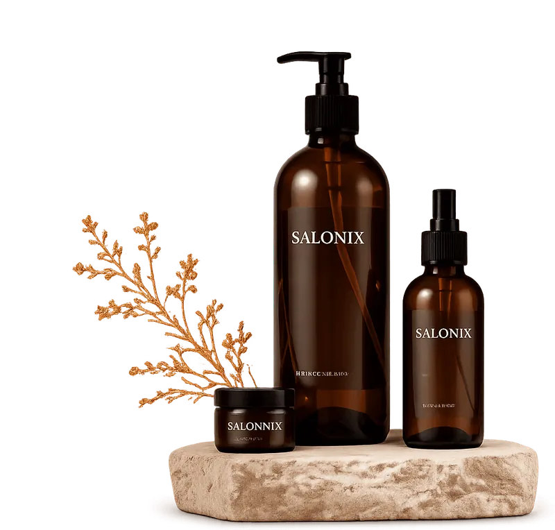 Velisse hair care bottles on a stone plinth
